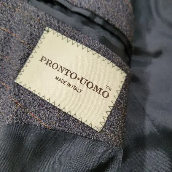 Pronto-Uomo Suit Jacket Blazer Silk Wool Gray Plaid Italy Lined Size 54 Long